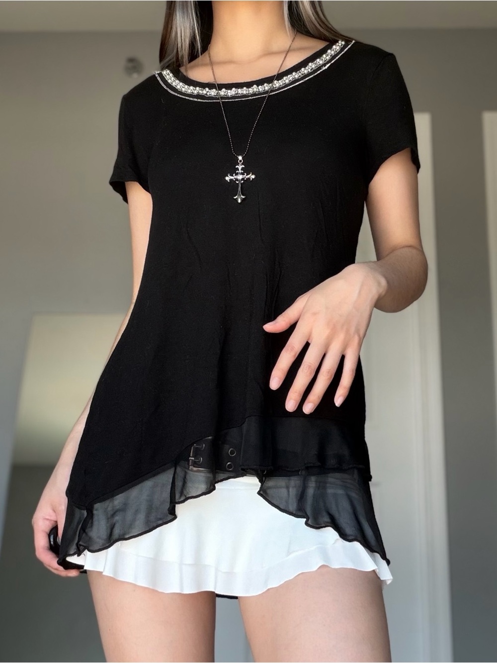 Vintage Suzie Black Short Sleeve Long Length Tunic Pearl Embellished Neckline